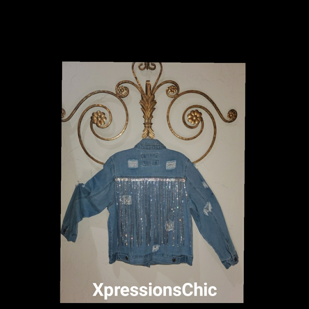 Denim Jacket w/ Rhinestone Fringe - Picture 2 of 3